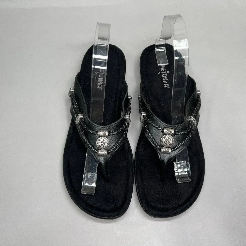 Minnetonka Black Women's Leather Flip‎ Flops Size 10